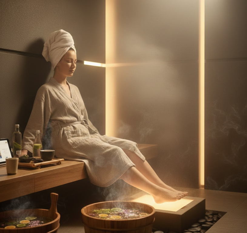 ချွေးငွေ့ငွေ့ထုတ်ခန်းရှိ ခြေထောက်ကိုနှိပ်နယ်ခြင်းအတွက် နက်ရှိုင်းသောကျန်းမာရေးလမ်းညွှန်